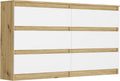 Modern gestaltete weisse Schlafzimmerkommode im Artisan-Stil mit mehreren Schubladen, kompakte Masse 140 x 30 cm