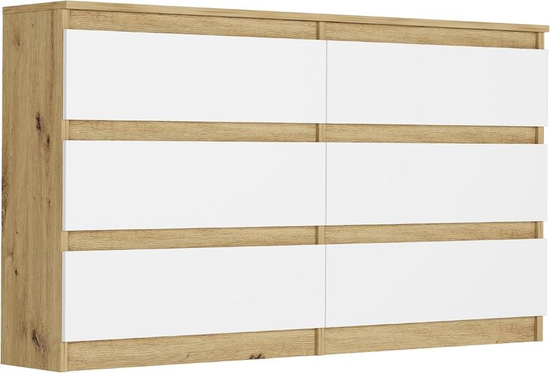 Modern gestaltete weisse Schlafzimmerkommode im Artisan-Stil mit mehreren Schubladen, kompakte Masse 140 x 30 cm