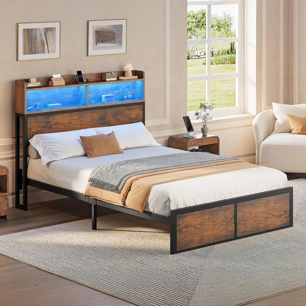 Braunes Metall-Plattformbett mit LED-Kopfteil, USB-Ladeanschluessen und zwei integrierten Regalboeden, stabiler Bettrahmen 120 x 200 cm ohne Matratze