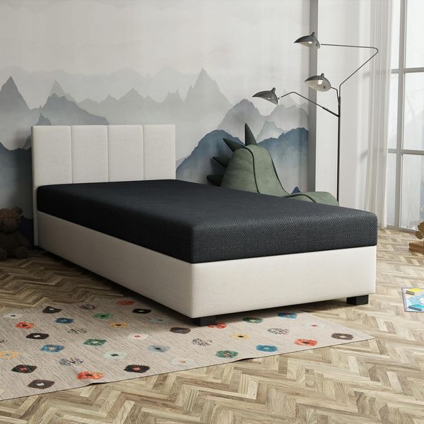 Weisses gepolstertes Boxspring-Einzelbett mit integriertem Bettkasten und schwarzer Bonell-Matratze, multifunktionales Schlafsofa 90 x 200 x 40 cm