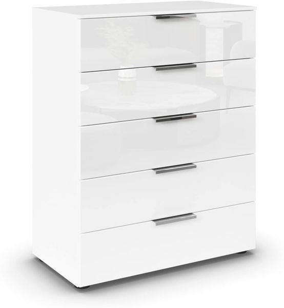 Moderne Kommode mit weisser Glasfront, kompakte Bauweise mit 80 cm Breite fuer Wohn- und Schlafraeume