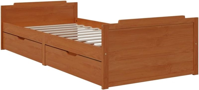 Honigbraunes Kiefernmassivholzbett mit integrierten Stauraumschubladen, stabiler Einzelbett-Rahmen 90 x 200 cm