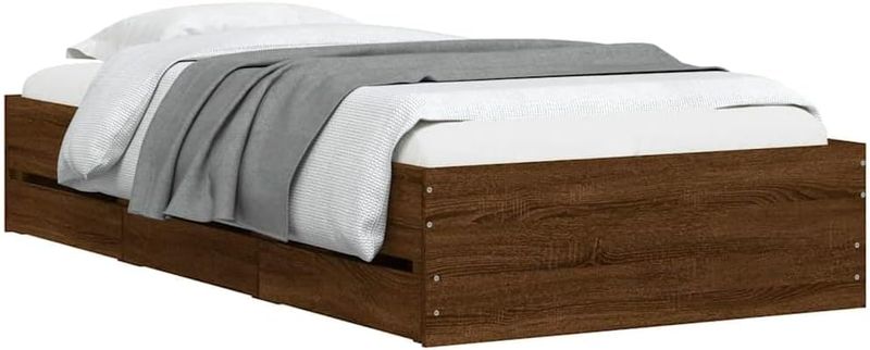 Eichenoptik braunes Gaeste-Einzelbett mit praktischen Auszugsschubladen und festem Lattenrost, platzsparendes Schlafmoebel 90 x 200 cm