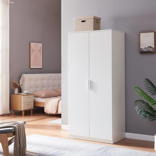 Weisser zweitueriger Schlafzimmer-Garderobenschrank mit einzelner Kleiderstange und Ablagefach, kompakte Masse 176 x 80 x 52 cm
