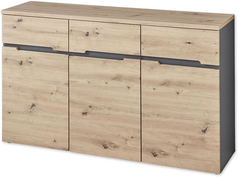 Graphitfarbenes Sideboard in Artisan-Eiche Optik, moderner Stauraumschrank mit grossem Fassungsvermoegen 135 x 82 x 38 cm