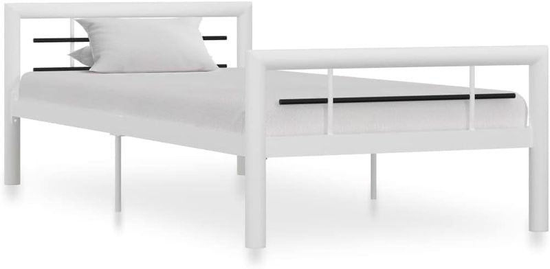 Zweifarbiges Metall-Einzelbett in Weiss-Schwarz Optik, stabiler Bettrahmen mit Lattenrost fuer flexible Schlafzimmernutzung 90 x 200 cm