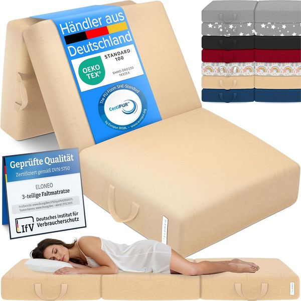 Cremeweisse dreiteilige extra dicke Schaumstoff-Faltmatratze mit waschbarem Bezug, ergonomische Gaestematratze fuer Erwachsene 90 x 200 x 15 cm