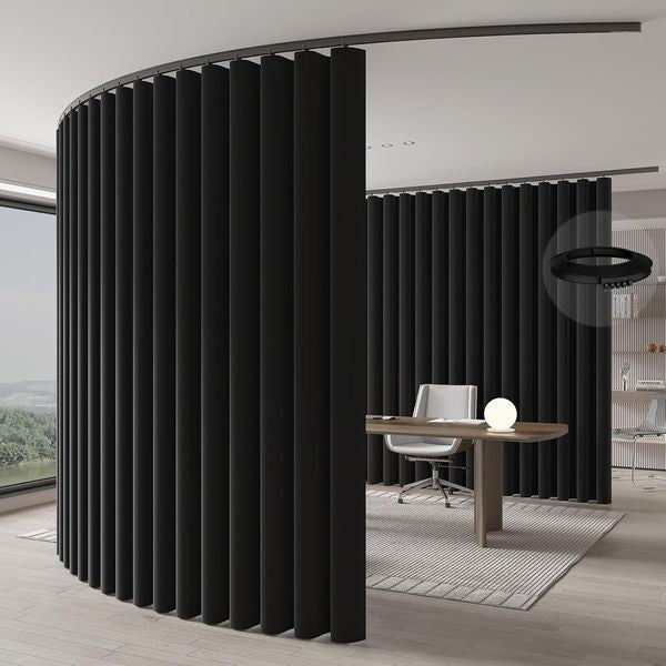 Deckengefuehrter schwarzer Sichtschutzvorhang fuer flexible Raumtrennung, grossflaechiger Raumteiler mit Massen 213 x 540 cm