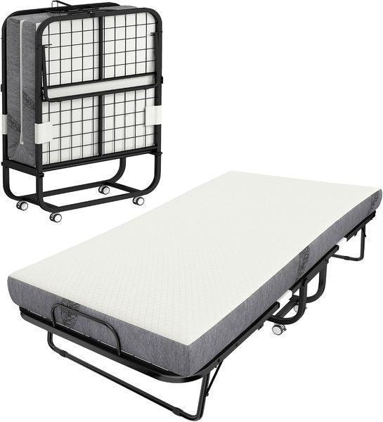 Weisses mobiles Klapp-Gaestebett auf Rollen mit 12,7 cm Memory-Schaum-Matratze, stabiler Stahlrahmen, leicht verstaubar 200 x 80 cm