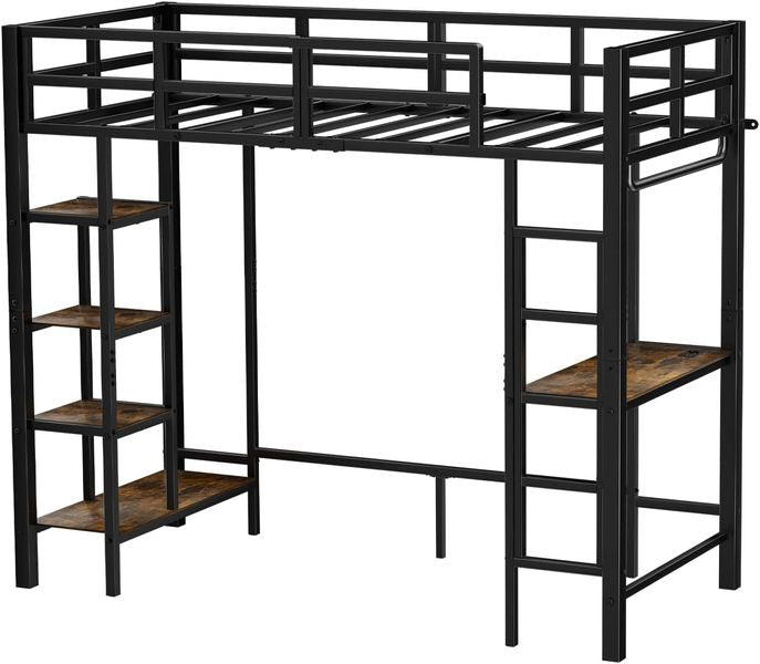 Stabiles schwarzes Metall-Hochbett, platzsparendes Schlafmoebel mit Standardmassen 90 x 200 cm