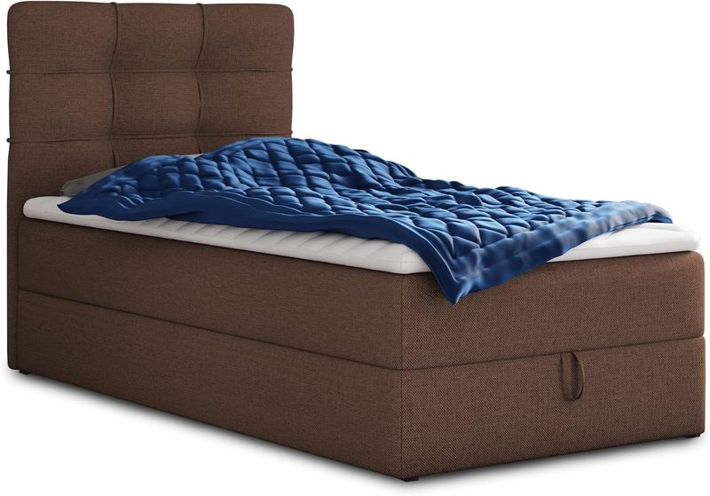 Braunes kompaktes Boxspring-Einzelbett mit Bettkasten, Bonell-Matratze und passendem Matratzentopper, komfortables Schlafzimmermoebel 90 x 200 cm
