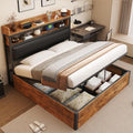 Modernes Retro-Holz-Metall Bettgestell in Schwarz, mit hydraulischem Stauraum, USB-Ladefunktion und gepolstertem Kopfteil, grosses Doppelbett 180 x 200 cm