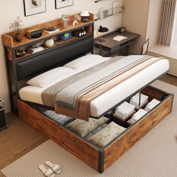 Modernes Retro-Holz-Metall Bettgestell in Schwarz, mit hydraulischem Stauraum, USB-Ladefunktion und gepolstertem Kopfteil, grosses Doppelbett 180 x 200 cm